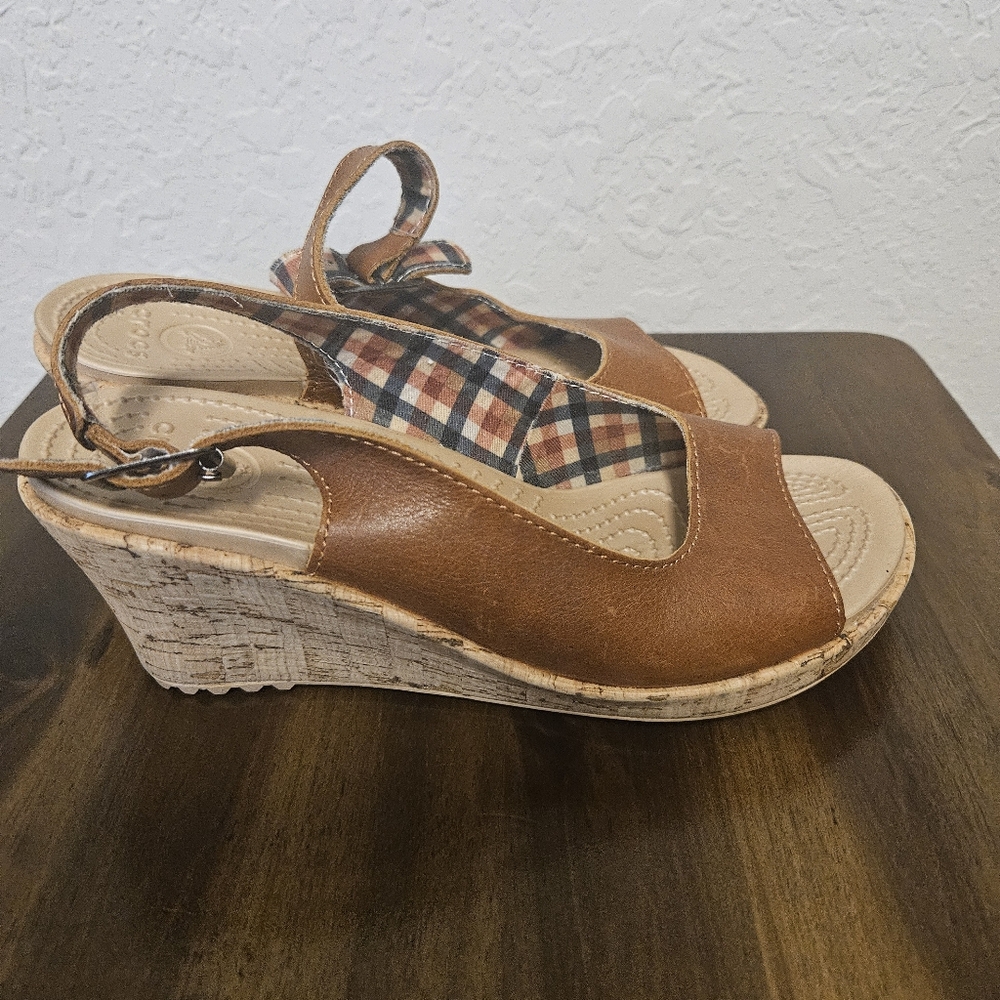 Crocs 7 Cognac Leather Cork Wedge Slingback Heels